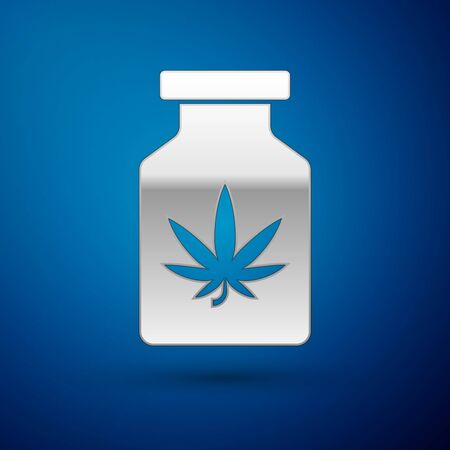 Silver Medical bottle with marijuana or cannabis leaf icon isolated on blue background. Mock up of cannabis oil extracts in jars. Vector Illustrationのイラスト素材