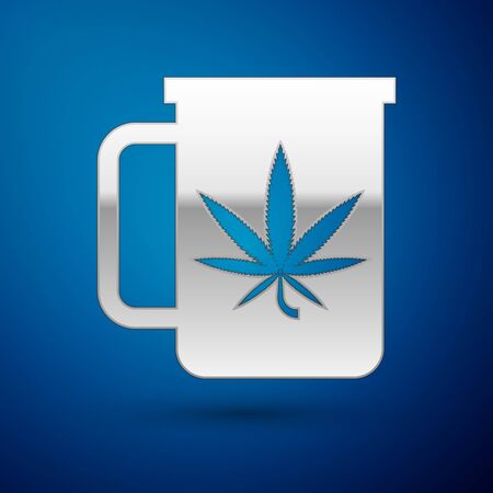 Silver Cup tea with marijuana or cannabis leaf icon isolated on blue background. Marijuana legalization. Hemp symbol. Vector Illustrationのイラスト素材
