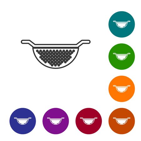 Grey line Kitchen colander icon isolated on white background. Cooking utensil. Cutlery sign. Set icon in color circle buttons. Vector Illustrationのイラスト素材