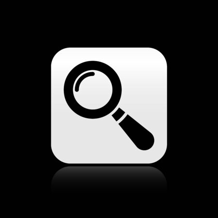 Black Magnifying glass icon isolated on black background. Search, focus, zoom, business symbol. Silver square button. Vector Illustrationのイラスト素材