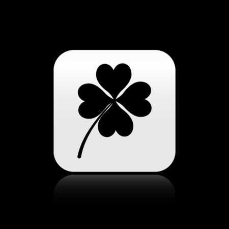 Black Four leaf clover icon isolated on black background. Happy Saint Patrick day. Silver square button. Vector Illustrationのイラスト素材