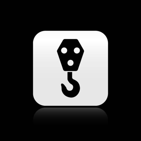 Black Industrial hook icon isolated on black background. Crane hook icon. Silver square button. Vector Illustrationのイラスト素材