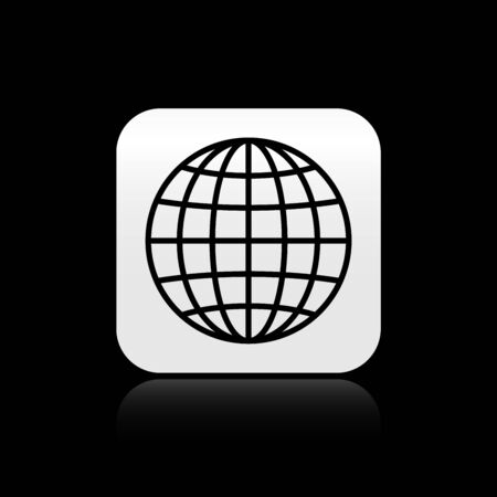 Black Earth globe icon isolated on black background. Silver square button. Vector Illustrationのイラスト素材