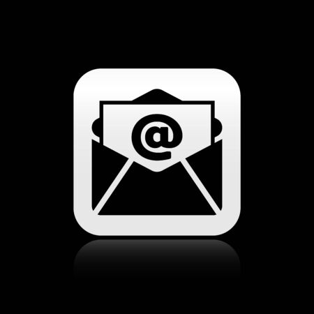 Black Mail and e-mail icon isolated on black background. Envelope symbol e-mail. Email message sign. Silver square button. Vector Illustrationのイラスト素材