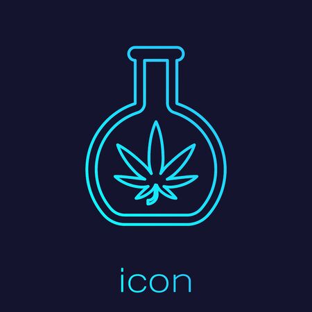 Turquoise line Chemical test tube with marijuana or cannabis leaf icon isolated on blue background. Research concept. Laboratory CBD oil concept. Vector Illustrationのイラスト素材