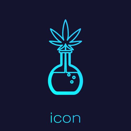 Turquoise line Chemical test tube with marijuana or cannabis leaf icon isolated on blue background. Research concept. Laboratory CBD oil concept. Vector Illustrationのイラスト素材