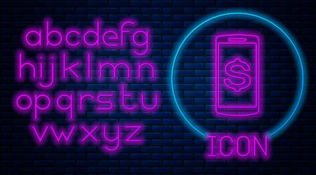 Glowing neon Smartphone with dollar symbol icon isolated on brick wall background. Online shopping concept. Financial mobile phone icon. Online payment. Neon light alphabet. Vector Illustrationのイラスト素材