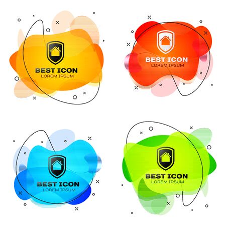 Black House under protection icon isolated on white background. Home and shield. Protection, safety, security, protect, defense concept. Set abstract banner with liquid shapes. Vector Illustrationのイラスト素材