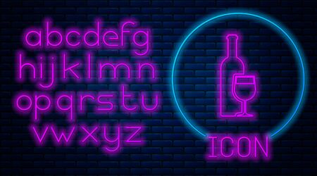 Glowing neon Wine bottle with wine glass icon isolated on brick wall background. Neon light alphabet. Vector Illustrationのイラスト素材