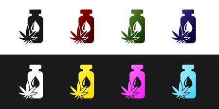 Set Medical marijuana or cannabis leaf olive oil drop icon isolated on black and white background. Cannabis extract. Hemp symbol. Vector Illustrationのイラスト素材