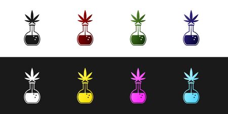 Set Chemical test tube with marijuana or cannabis leaf icon isolated on black and white background. Research concept. Laboratory CBD oil concept. Vector Illustrationのイラスト素材