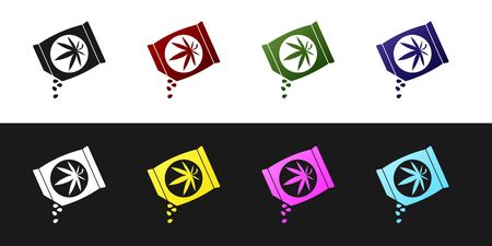 Set Marijuana or cannabis seeds in a bag icon isolated on black and white background. Hemp symbol. The process of planting marijuana. Vector Illustrationのイラスト素材