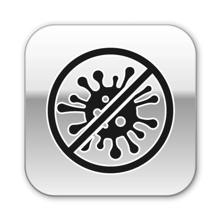Black Stop virus, bacteria, germs and microbe icon isolated on white background. Antibacterial and antiviral defence, protection infection. Silver square button. Vector Illustrationのイラスト素材