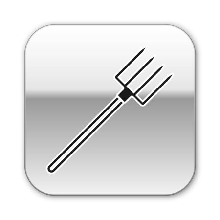 Black Garden pitchfork icon isolated on white background. Garden fork sign. Tool for horticulture, agriculture, farming. Silver square button. Vector Illustrationのイラスト素材