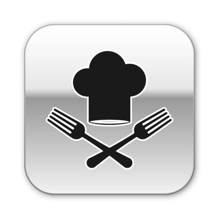 Black Chef hat and crossed fork icon isolated on white background. Cooking symbol. Restaurant menu. Cooks hat. Silver square button. Vector Illustrationのイラスト素材
