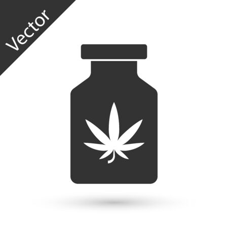 Grey Medical bottle with marijuana or cannabis leaf icon isolated on white background. Mock up of cannabis oil extracts in jars. Vector Illustrationのイラスト素材