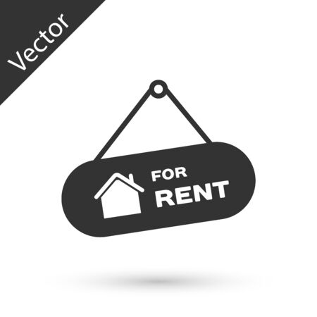 Grey Hanging sign with text For Rent icon isolated on white background. Signboard with text For Rent. Vector Illustrationのイラスト素材