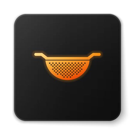Orange glowing Kitchen colander icon isolated on white background. Cooking utensil. Cutlery sign. Black square button. Vector Illustrationのイラスト素材