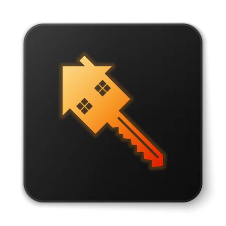 Orange glowing neon House with key icon isolated on white background. The concept of the house turnkey. Black square button. Vector Illustrationのイラスト素材