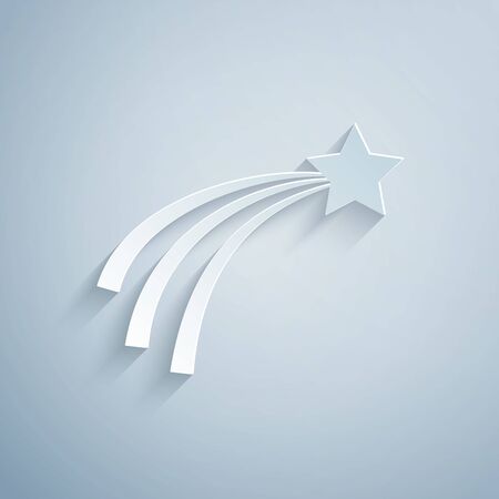 Paper cut Falling star icon isolated on grey background. Shooting star with star trail. Meteoroid, meteorite, comet, asteroid, star icon. Paper art style. Vector Illustrationのイラスト素材