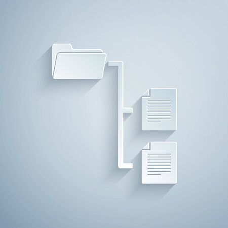 Paper cut Folder tree icon isolated on grey background. Computer network file folder organization structure flowchart. Paper art style. Vector Illustrationのイラスト素材