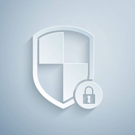 Paper cut Shield security with lock icon isolated on grey background. Protection, safety, password security. Firewall access privacy sign. Paper art style. Vector Illustrationのイラスト素材