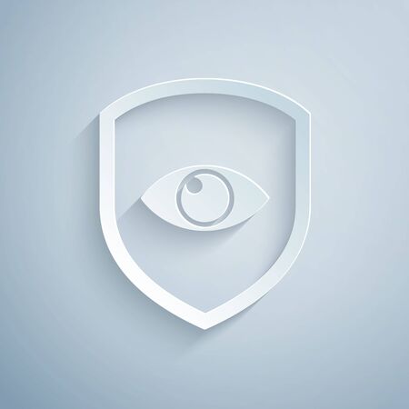 Paper cut Shield and eye icon isolated on grey background. Security, safety, protection, privacy concept. Paper art style. Vector Illustrationのイラスト素材