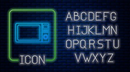 Glowing neon Microwave oven icon isolated on brick wall background. Home appliances icon.Neon light alphabet. Vector Illustrationのイラスト素材