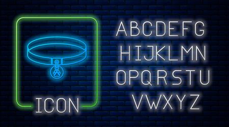 Glowing neon Collar with name tag icon isolated on brick wall background. Supplies for domestic animal. Dog or cat paw print. Cat and dog care. Pet chains. Neon light alphabet. Vector Illustrationのイラスト素材
