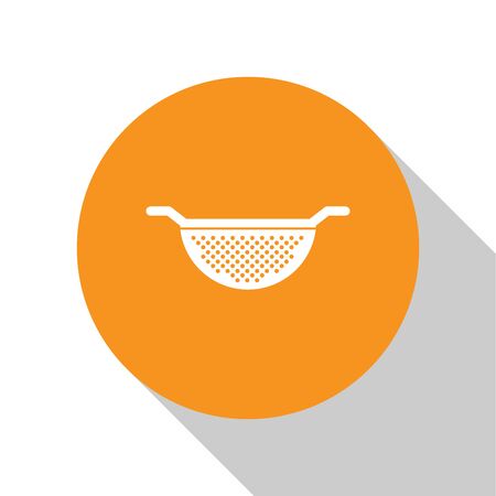 White Kitchen colander icon isolated on white background. Cooking utensil. Cutlery sign. Orange circle button. Vector Illustrationのイラスト素材