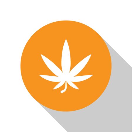 White Medical marijuana or cannabis leaf icon isolated on white background. Hemp symbol. Orange circle button. Vector Illustrationのイラスト素材