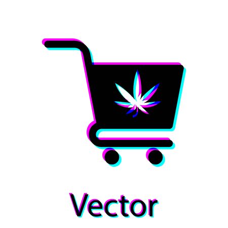 Black Shopping cart with marijuana or cannabis leaf icon isolated on white background. Online buying. Delivery service. Supermarket basket. Vector Illustrationのイラスト素材