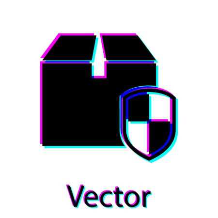 Black Delivery pack security symbol with shield icon isolated on white background. Delivery insurance. Insured cardboard boxes beyond the shield. Vector Illustrationのイラスト素材
