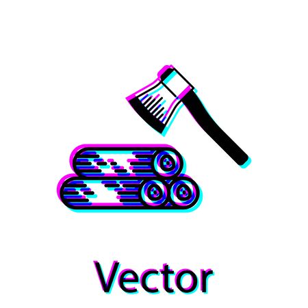 Black Wooden axe and wood icon isolated on white background. Lumberjack axe. Vector Illustrationのイラスト素材