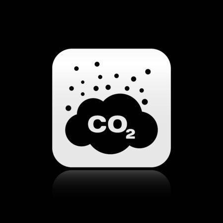 Black CO2 emissions in cloud icon isolated on black background. Carbon dioxide formula symbol, smog pollution concept, environment concept. Silver square button. Vector Illustrationのイラスト素材