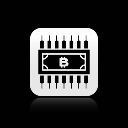 Black Cryptocurrency bitcoin in circle with microchip circuit icon isolated on black background. Blockchain technology, digital money market. Silver square button. Vector Illustrationのイラスト素材