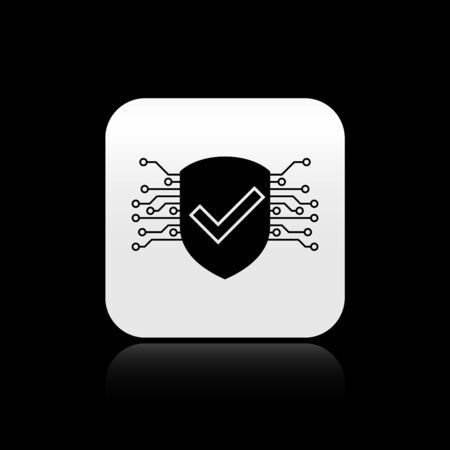 Black Cyber security icon isolated on black background. Shield with check mark sign. Safety concept. Digital data protection. Silver square button. Vector Illustrationのイラスト素材