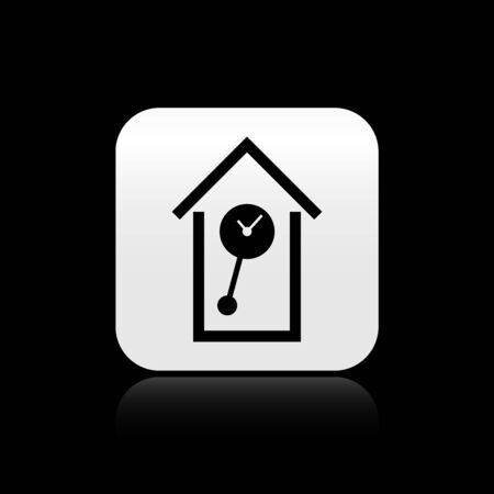 Black Retro wall watch icon isolated on black background. Cuckoo clock sign. Antique pendulum clock. Silver square button. Vector Illustrationのイラスト素材