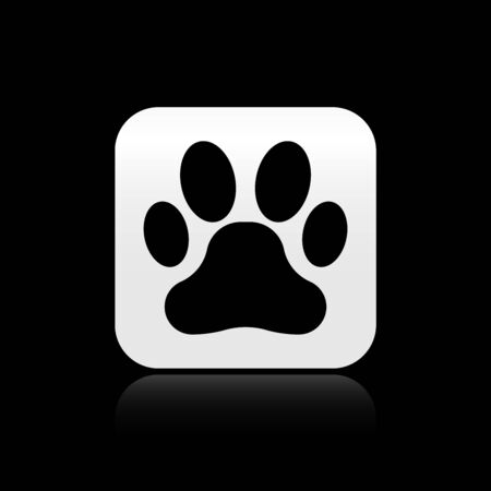 Black Paw print icon isolated on black background. Dog or cat paw print. Animal track. Silver square button. Vector Illustrationのイラスト素材