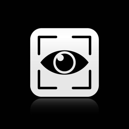 Black Eye scan icon isolated on black background. Scanning eye. Security check symbol. Cyber eye sign. Silver square button. Vector Illustrationのイラスト素材
