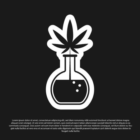Black Chemical test tube with marijuana or cannabis leaf icon isolated on black background. Research concept. Laboratory CBD oil concept. Vector Illustrationのイラスト素材