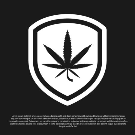 Black Shield and marijuana or cannabis leaf icon isolated on black background. Marijuana legalization. Hemp symbol. Vector Illustrationのイラスト素材