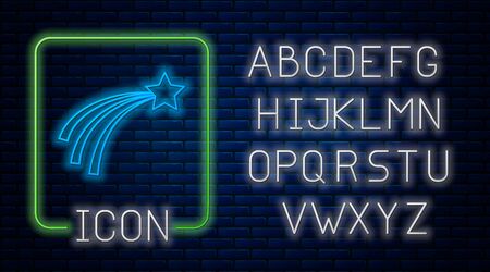 Glowing neon Falling star icon isolated on brick wall background. Shooting star with star trail. Meteoroid, meteorite, comet, asteroid, star icon. Neon light alphabet. Vector Illustrationのイラスト素材