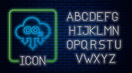 Glowing neon CO2 emissions in cloud icon isolated on brick wall background. Carbon dioxide formula symbol, smog pollution concept, environment concept. Neon light alphabet. Vector Illustrationのイラスト素材