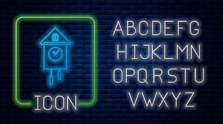 Glowing neon Retro wall watch icon isolated on brick wall background. Cuckoo clock sign. Antique pendulum clock. Neon light alphabet. Vector Illustrationのイラスト素材