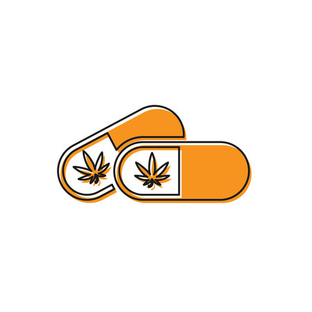 Orange Medical pills with marijuana or cannabis leaf icon isolated on white background. Mock up of cannabis oil extracts in jars. Vector Illustrationのイラスト素材