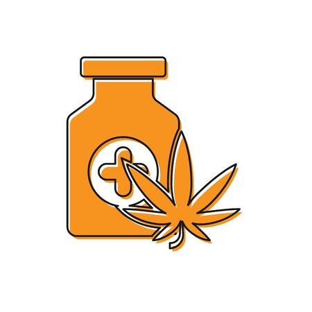 Orange Medical bottle with marijuana or cannabis leaf icon isolated on white background. Mock up of cannabis oil extracts in jars. Vector Illustrationのイラスト素材