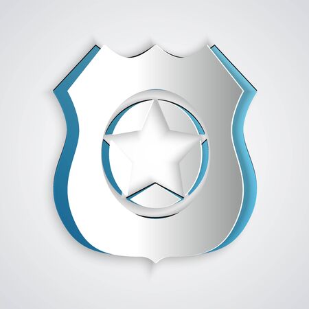 Paper cut Police badge icon isolated on grey background. Sheriff badge sign. Paper art style. Vector Illustrationのイラスト素材