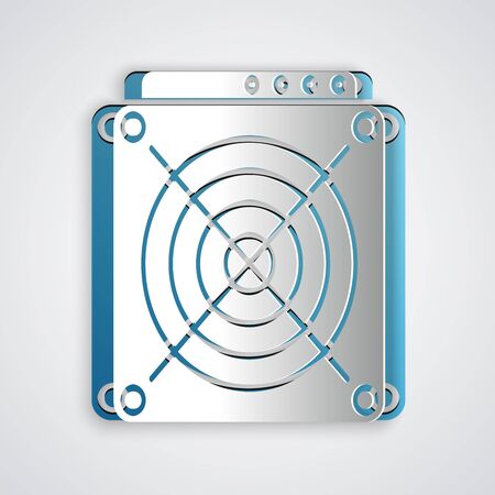Paper cut ASIC Miner icon isolated on grey background. Cryptocurrency mining equipment and hardware. Application specific integrated circuit. Paper art style. Vector Illustrationのイラスト素材