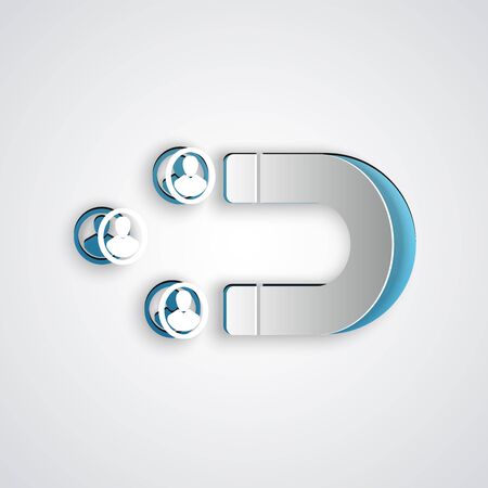 Paper cut Customer attracting icon isolated on grey background. Customer retention, support and service. Customer people attracting with magnet. Paper art style. Vector Illustrationのイラスト素材